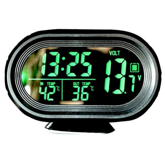 Автомобільний годинник VST-7009V підсвічування + 2 термометри + вольтметр, живлення від акумулятора авто 12В-24В