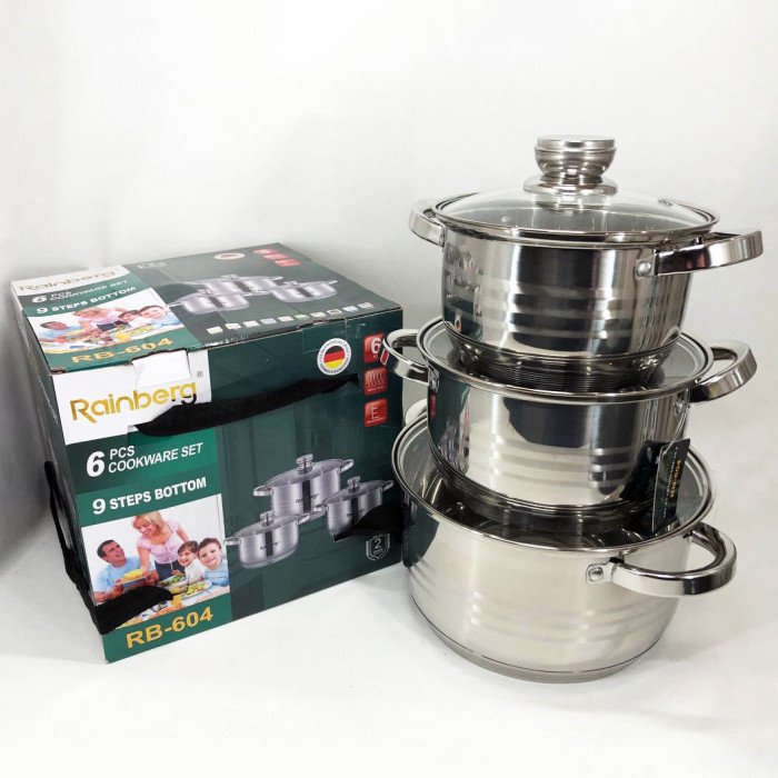 Набір каструль Rainberg RB-604 нержавіюча сталь, капсульне 9-ти шарове дно (3 каструлі 3 кришки)