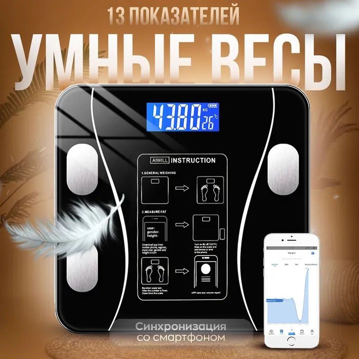 Розумні смарт-ваги Scale TY-619 електронні з додатком на телефон LCD-дисплей загартоване скло