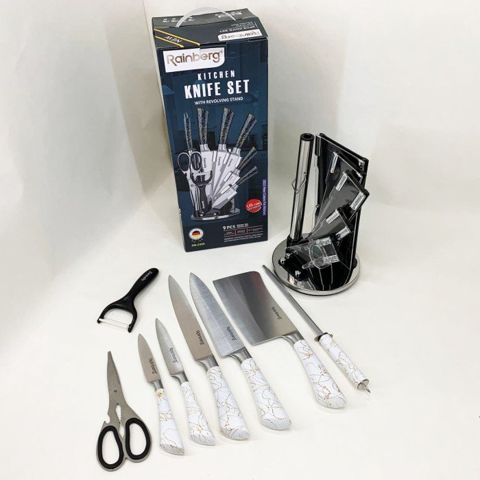 Набір кухонних ножів Rainberg RB-2499 8 предметів на підставці, що обертається White