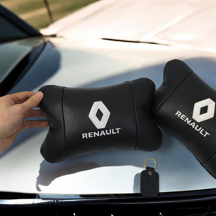 Набір подушок 2шт для авто Renault, натуральна шкіра, на підголівник у машину з логотипом Рено