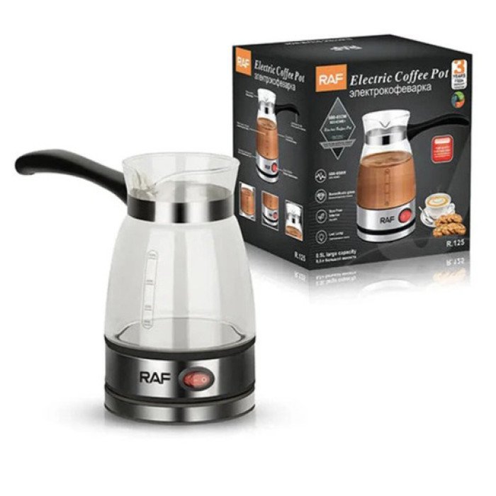 Електрична турка для кави RAF R.125 Кавоварка зі скляною чашею 500мл 600 Вт. Колір: чорний