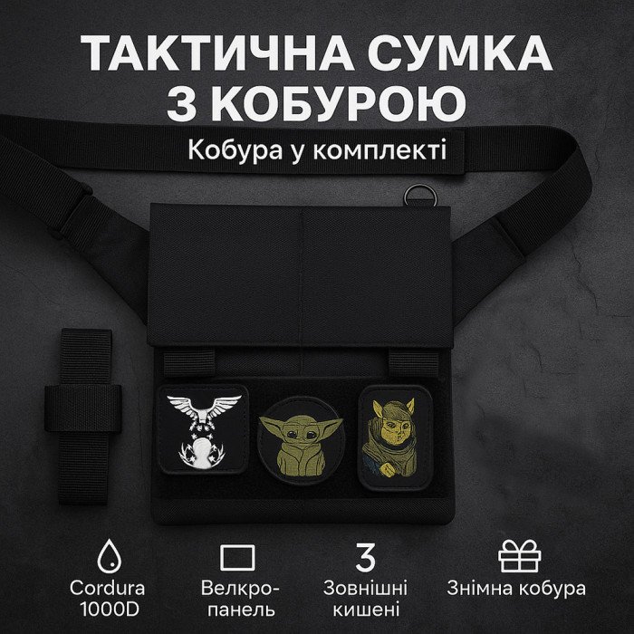 Сумка месенджер З КОБУРОЮ. Тактична сумка з тканини, 3 кишені, патч-панель, Cordura