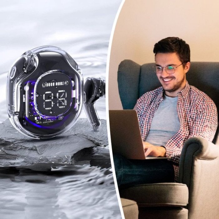 Бездротові навушники TWS T8 PRO з прозорим кейсом Вакуумний LED дисплей Bluetooth 5.3. Колір: чорний