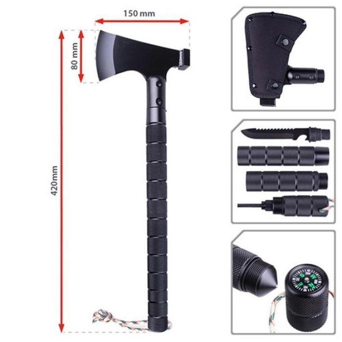 Сокира тактична, набір для виживання 9в1 VT36 туристичний