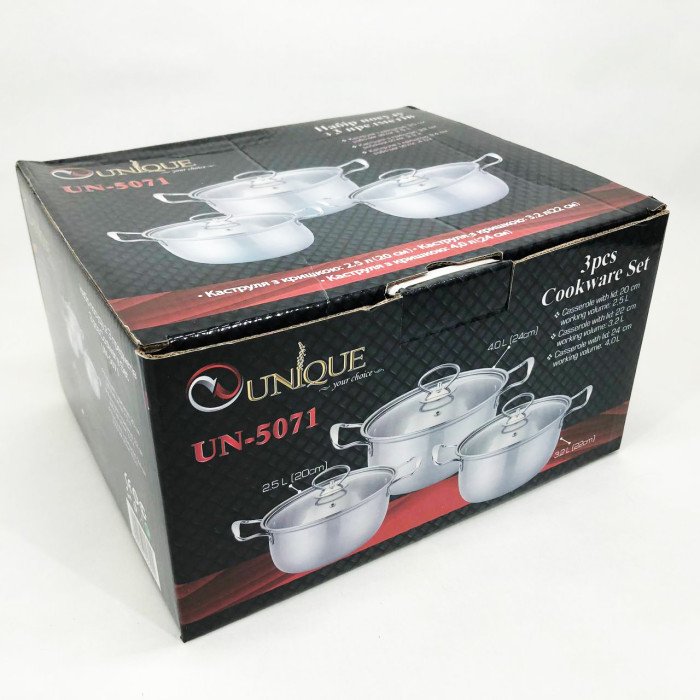 Набір каструль із нержавіючої сталі UNIQUE UN-5071 6 предметів, Каструлі з прозорими кришками