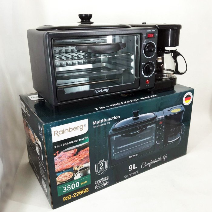 Електрична піч для сніданку 3в1 Rainberg RB-2286B 3800 Вт (піч, кавоварка, поверхня для смаження)