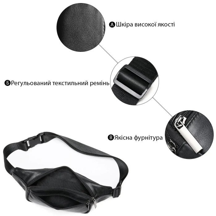 Шкіряна бананка чорна міні – чоловіча та жіноча сумка з натуральної італійської шкіри