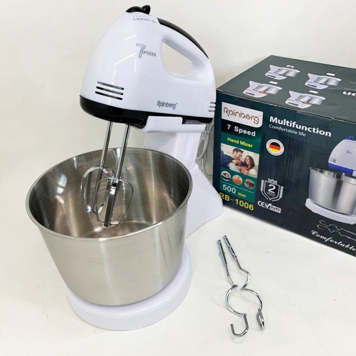 Стаціонарний електричний міксер із чашею Rainberg RB-1006 500W з насадками для замішування тіста Black