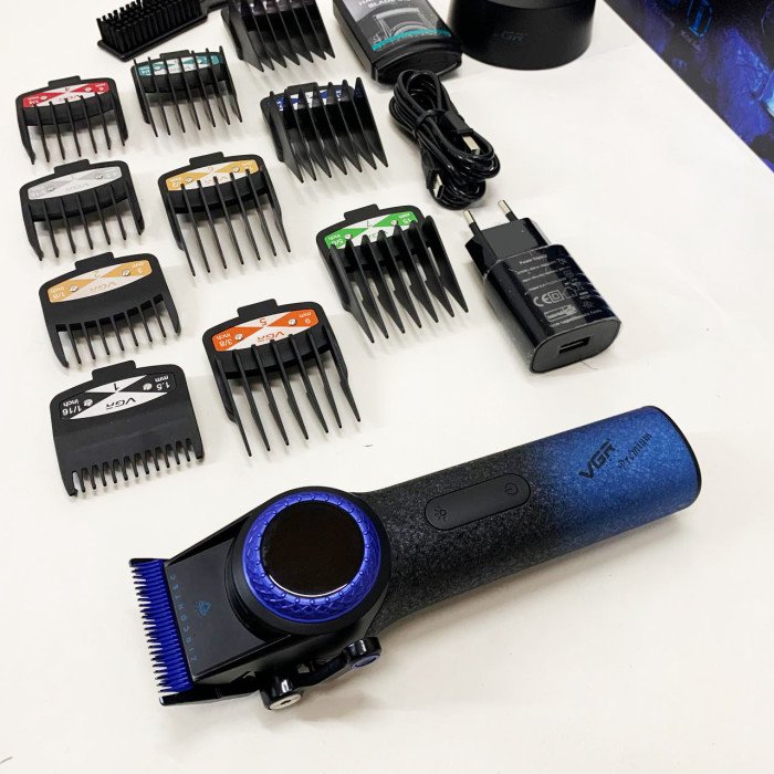 Професійна машинка для стрижки волосся VGR V-001 BLUE з дисплеєм 9000 об/хв та 10 насадками 1,5-24 мм