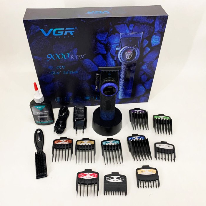 Професійна машинка для стрижки волосся VGR V-001 BLUE з дисплеєм 9000 об/хв та 10 насадками 1,5-24 мм