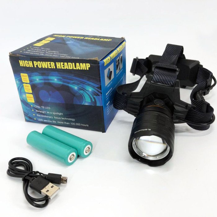 Ліхтар налобний потужний Bailong BL-8075-2-GT100, 3 режими, Zoom, алюміній, акумулятор 2*18650, USB кабель