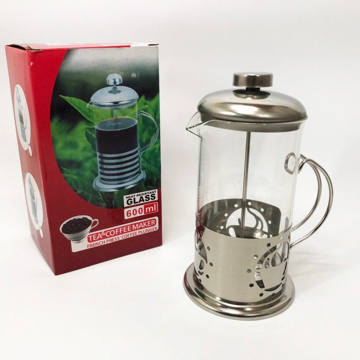 Френч-прес заварник металевий корпус UNIQUE UN-1152 600 мл, Скляний чайник для заварювання чаю