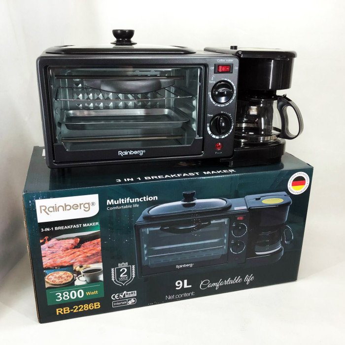 Електрична піч для сніданку 3в1 Rainberg RB-2286B 3800 Вт (піч, кавоварка, поверхня для смаження)