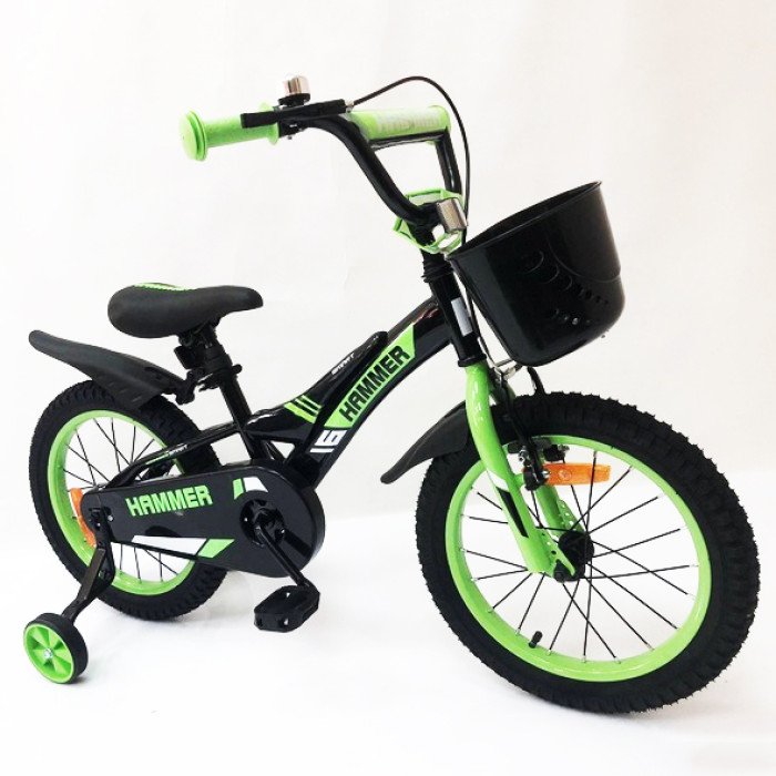 Дитячий двоколісний велосипед Hammer Smart H2021 20 дюймів із бічними колесами, кошиком. Колір: зелений