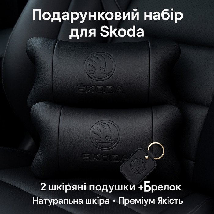 Набір авто подушок Skoda з натуральної шкіри + брелок, Автоподушка на підголовник
