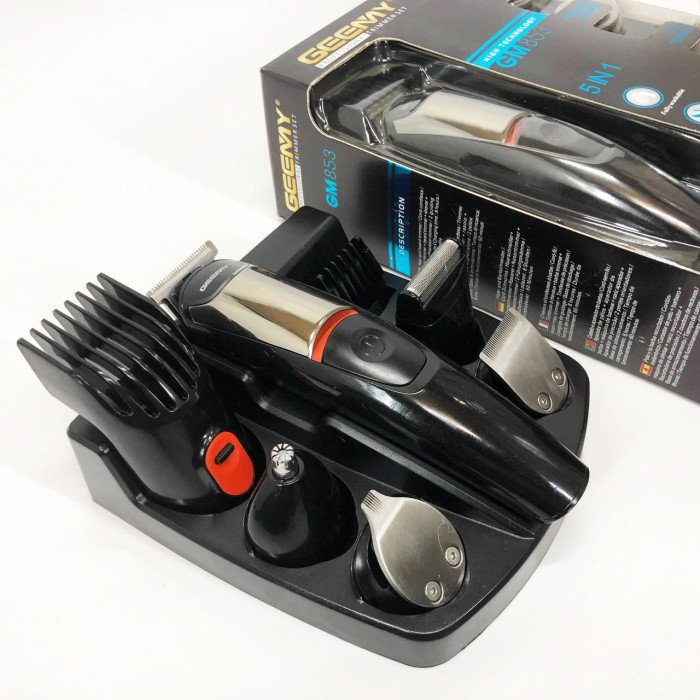 Машинка для стрижки 5в1 Geemy GM-853 стайлер, бритва, триммер на акумуляторі нержавіюча сталь 6 насадок