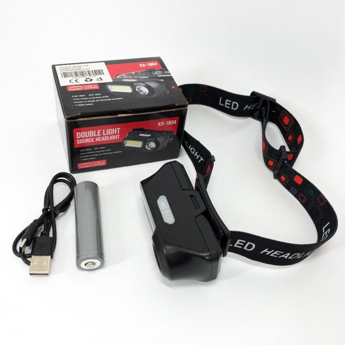 Ліхтар налобний 1804-XPE+COB на акумуляторі, Ліхтар акумуляторний для риболовлі, Ліхтарик налобний потужний