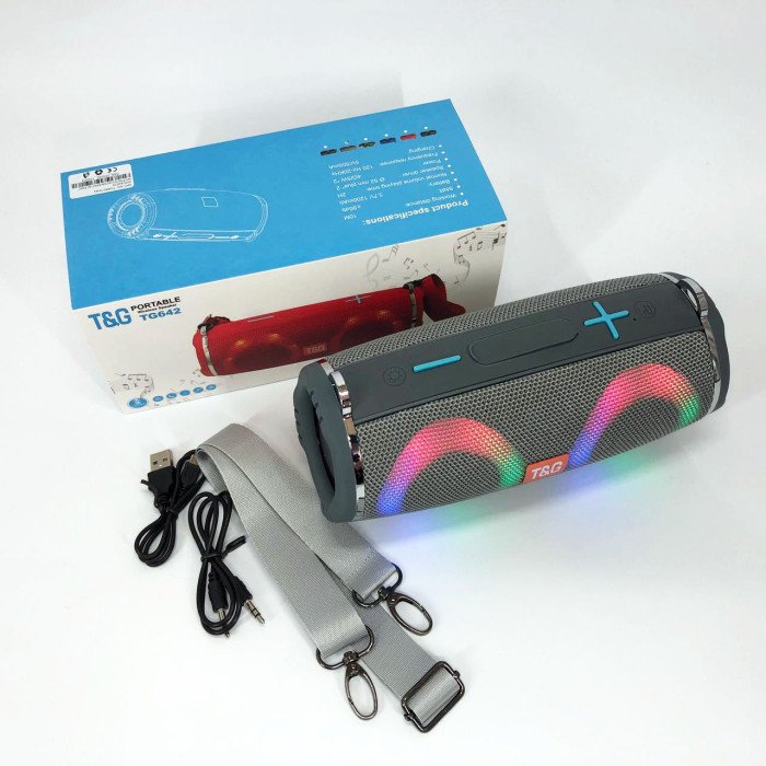 Портативна колонка TG642 з RGB підсвічуванням та ремінцем, портативна колонка з Bluetooth. Колір: сірий