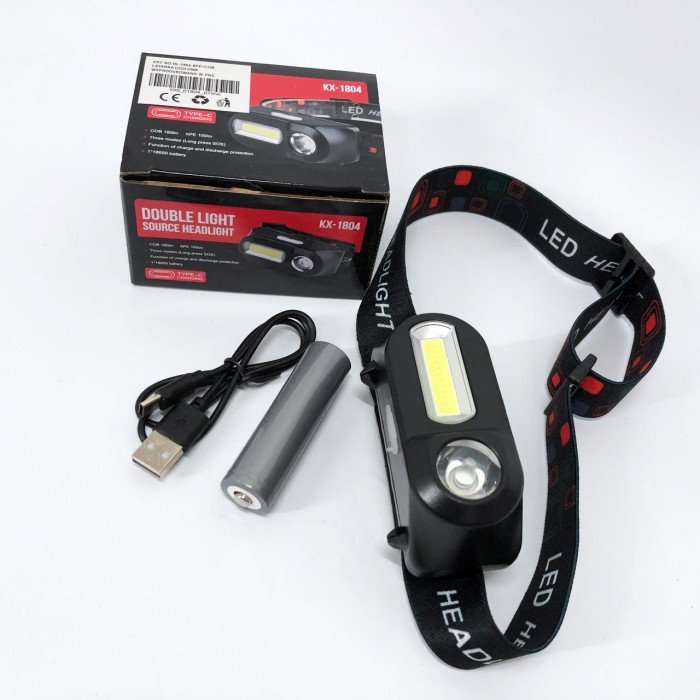 Ліхтар налобний 1804-XPE+COB на акумуляторі, Ліхтар акумуляторний для риболовлі, Ліхтарик налобний потужний