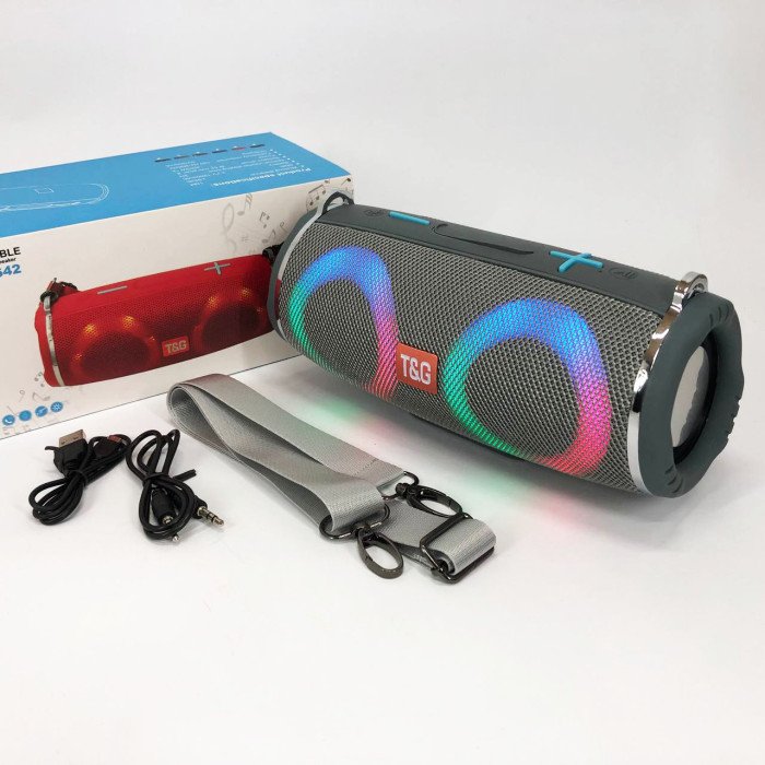 Портативна колонка TG642 з RGB підсвічуванням та ремінцем, портативна колонка з Bluetooth. Колір: сірий