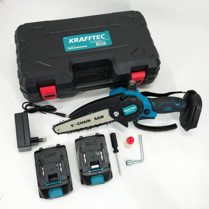 Акумуляторна ланцюгова міні пила 15 см у кейсі Krafftec (36V 4 Ач) + 2 акумулятори та індикатором заряду