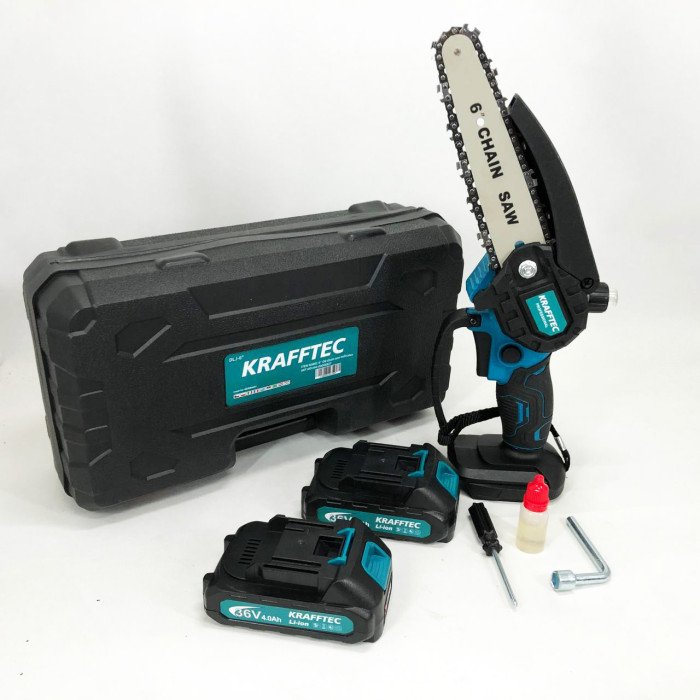 Акумуляторна ланцюгова міні пила 15 см у кейсі Krafftec (36V 4 Ач) + 2 акумулятори та індикатором заряду