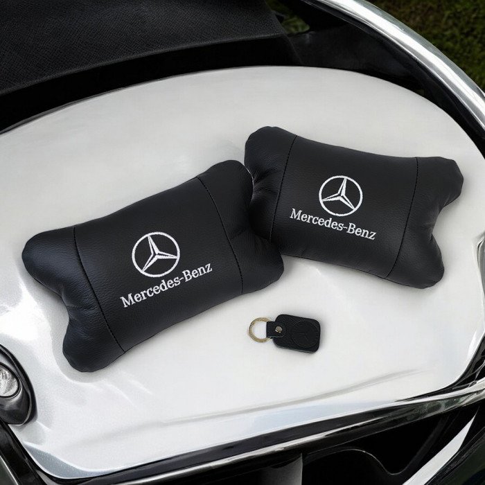 Набір Мерседес 2шт, натуральна шкіра, подушки на підголівник для авто з логотипом Mercedes-Benz