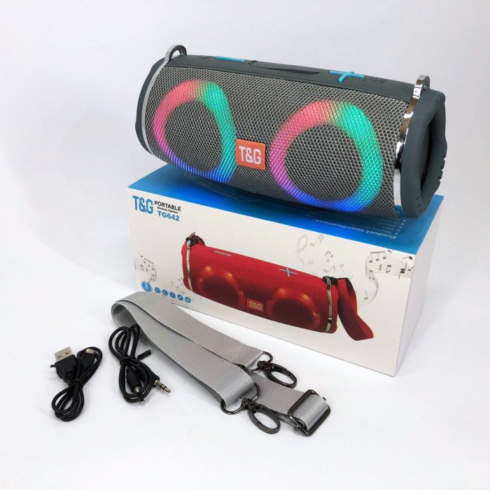 Портативна колонка TG642 з RGB підсвічуванням та ремінцем, портативна колонка з Bluetooth. Колір: сірий