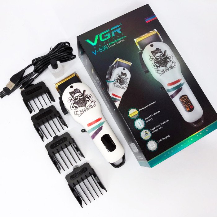 Машинка для стрижки волосся та бороди професійна VGR V-699 B з насадками та LED дисплеєм. Колір: білий
