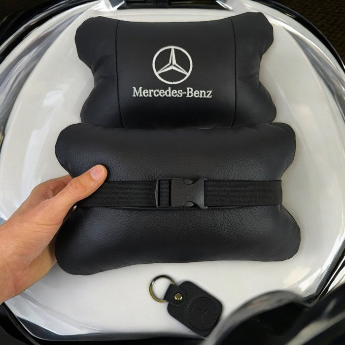Набір Мерседес 2шт, натуральна шкіра, подушки на підголівник для авто з логотипом Mercedes-Benz