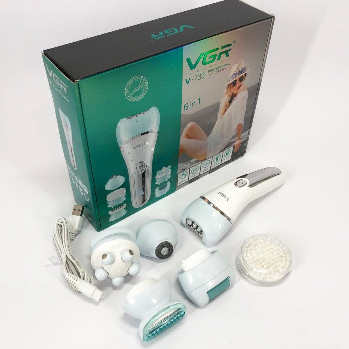 Епілятор для обличчя та тіла 6в1, від USB VGR V-733 / Жіночий епілятор для видалення волосся. Колір: блакитний