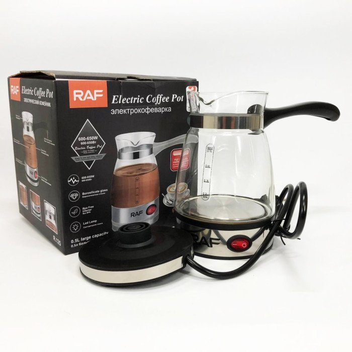 Електрична турка для кави RAF R.125 Кавоварка зі скляною чашею 500мл 600 Вт. Колір: чорний