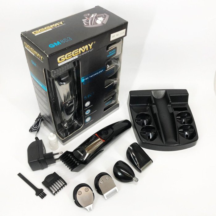 Машинка для стрижки 5в1 Geemy GM-853 стайлер, бритва, триммер на акумуляторі нержавіюча сталь 6 насадок