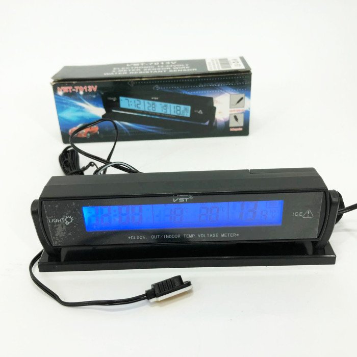 Автомобильные часы с подсветкой VST-7013V вольтметр, 2 термометра Авточасы с выносным термометром