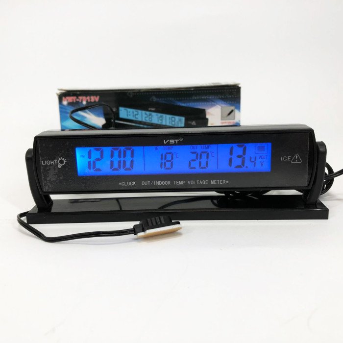 Автомобильные часы с подсветкой VST-7013V вольтметр, 2 термометра Авточасы с выносным термометром
