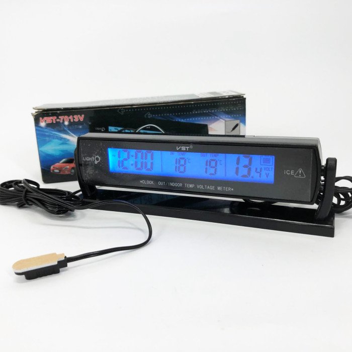 Автомобильные часы с подсветкой VST-7013V вольтметр, 2 термометра Авточасы с выносным термометром