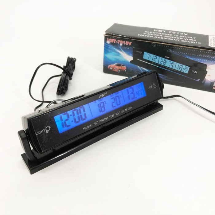Автомобильные часы с подсветкой VST-7013V вольтметр, 2 термометра Авточасы с выносным термометром