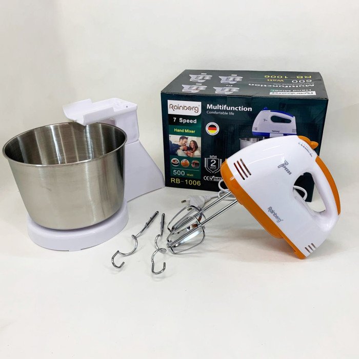 Стаціонарний електричний міксер із чашею Rainberg RB-1006 500W з насадками для замішування тіста Orange