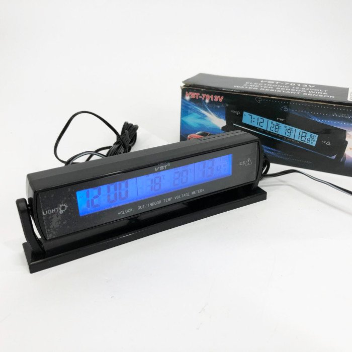 Автомобильные часы с подсветкой VST-7013V вольтметр, 2 термометра Авточасы с выносным термометром