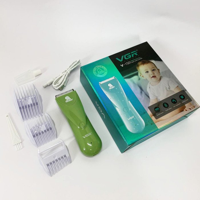 Дуже тиха бездротова машинка для стрижки волосся дітей VGR V-150 з насадками. Колір: зелений