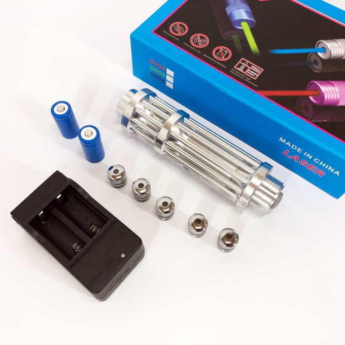 Потужна лазерна указка YX-B017, синій промінь, 5 насадок, акумулятор 2х16340, надпотужна лазерна указка