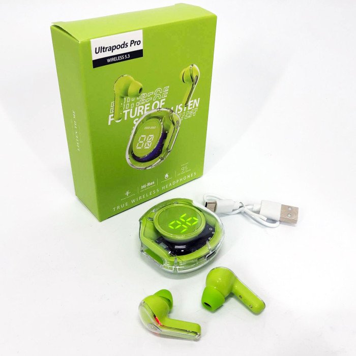 Бездротові навушники TWS T8 PRO з прозорим кейсом Вакуумний LED дисплей Bluetooth 5.3. Колір: зелений