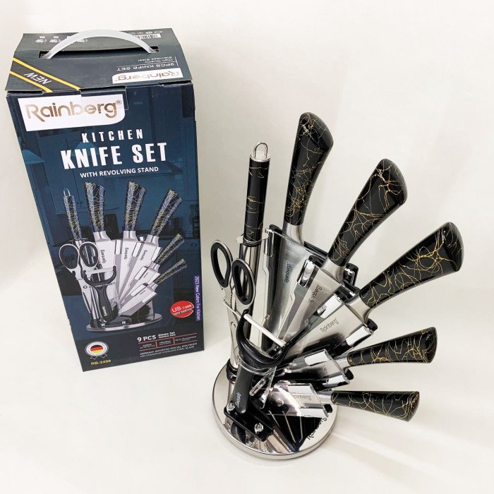 Набір кухонних ножів Rainberg RB-2499 8 предметів на підставці, що обертається Black