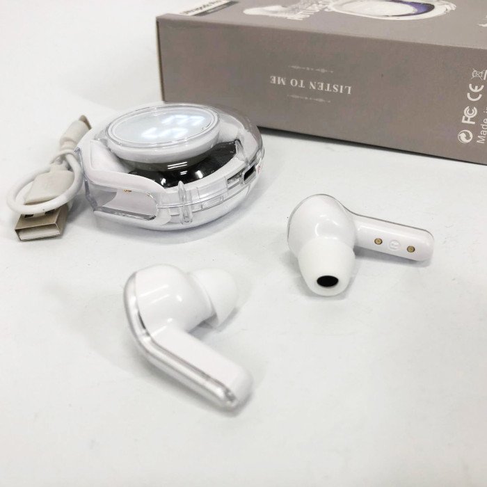 Бездротові навушники TWS T8 PRO з прозорим кейсом Вакуумний LED дисплей Bluetooth 5.3. Колір: білий