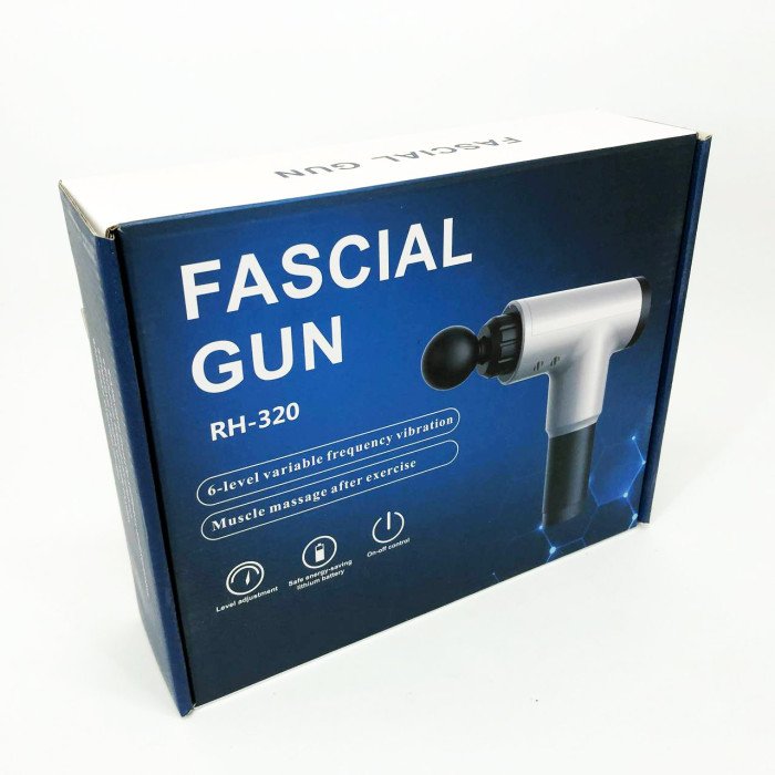 Акумуляторний масажер Fascial Gun KH-320 портативний ручний ударний м'язовий пістолет 4 насадки синій