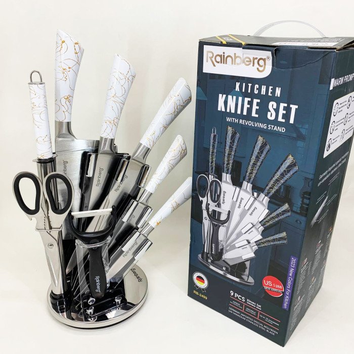 Набір кухонних ножів Rainberg RB-2499 8 предметів на підставці, що обертається White