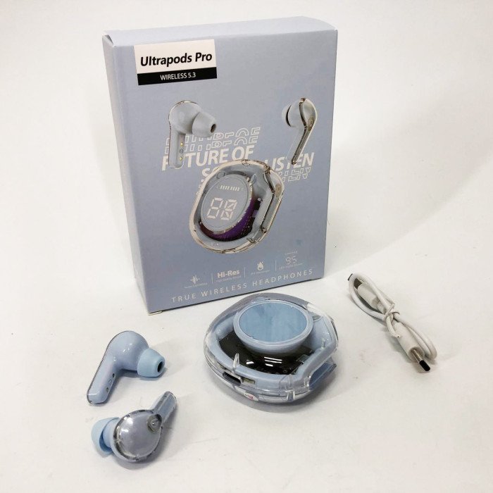 Бездротові навушники TWS T8 PRO з прозорим кейсом Вакуумний LED дисплей Bluetooth 5.3. Колір: блакитний