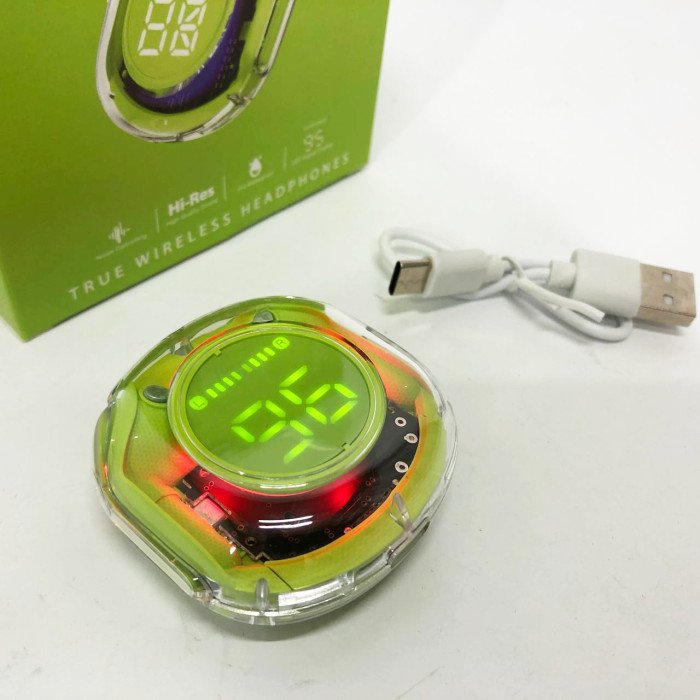 Бездротові навушники TWS T8 PRO з прозорим кейсом Вакуумний LED дисплей Bluetooth 5.3. Колір: зелений