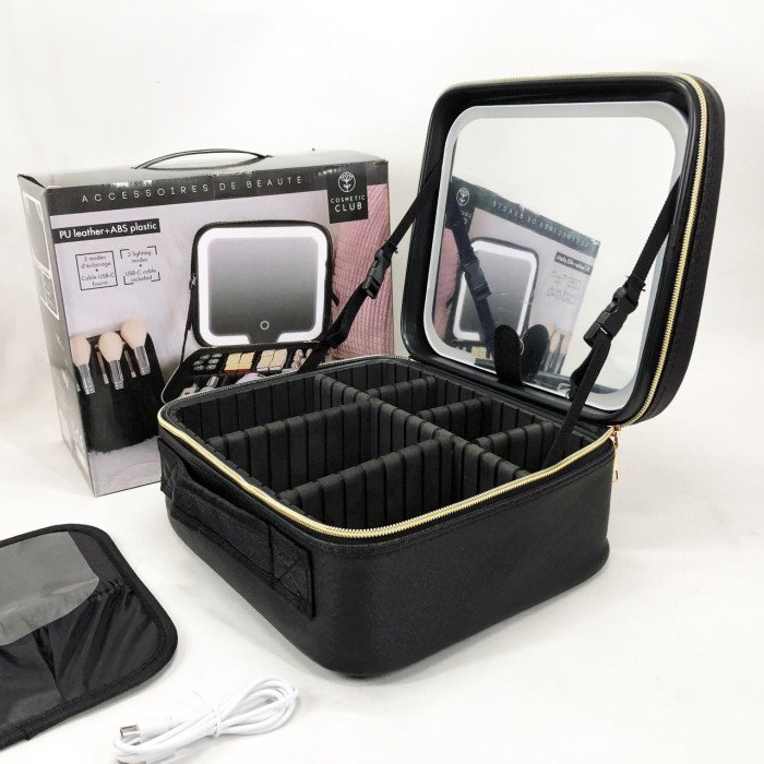 Портативна косметичка органайзер дорожній бьюті кейс з ручкою для перенесення дзеркалом та світлодіодним LED-підсвічуванням